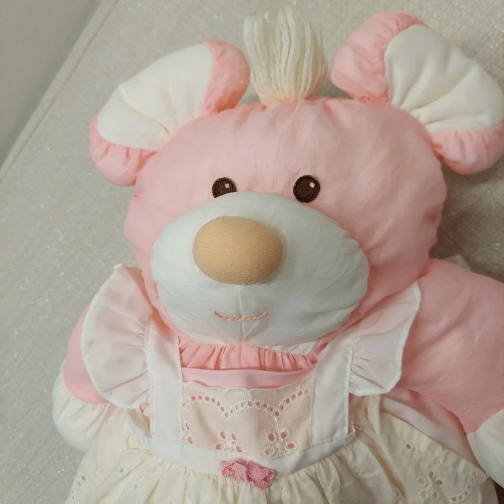 Vintage Fisher Price Puffalump Mouse Pink Nylon Plush Dress Eyelet Lace 1986